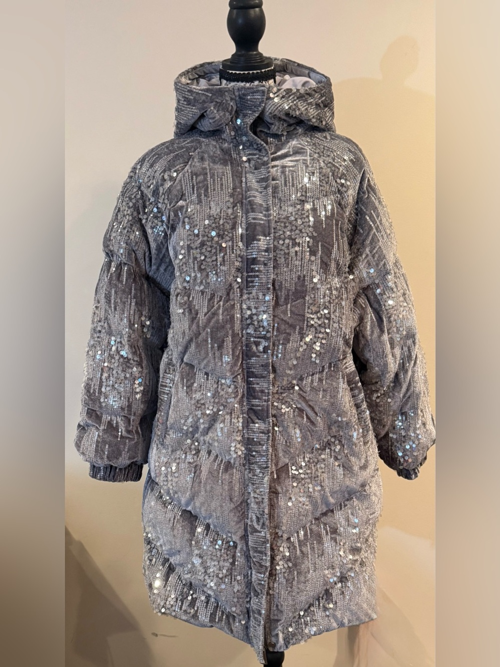 Hayley Silver Sequin Hooded Puffer Coat